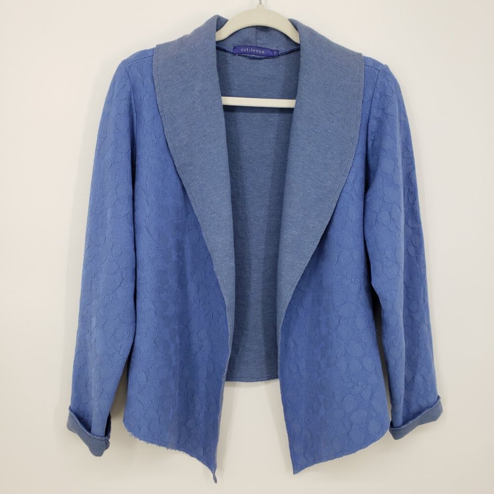 Cut Loose Open Front Lace Jacket 1X Womens Ponte Knit Shawl Collar Blue